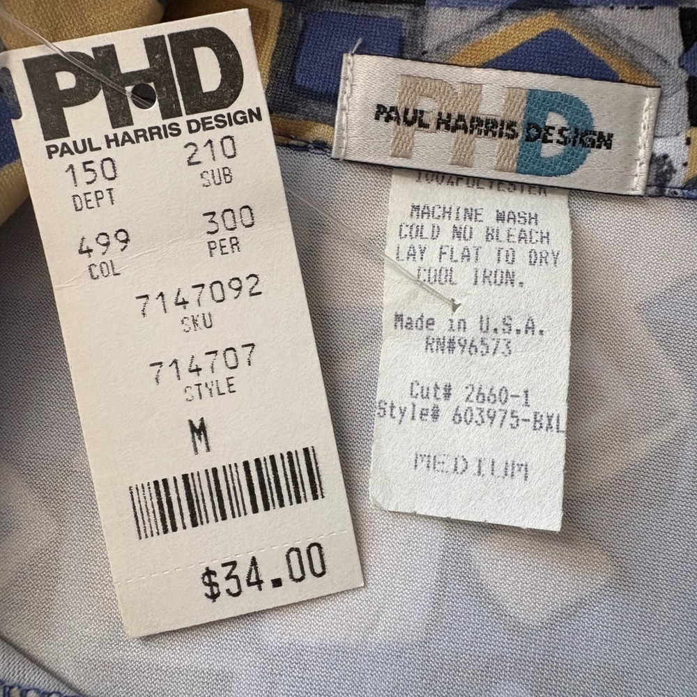 Vintage PHD Paul Harris Design Women Medium Button Up Shirt Blue Geometric - Picture 4 of 6